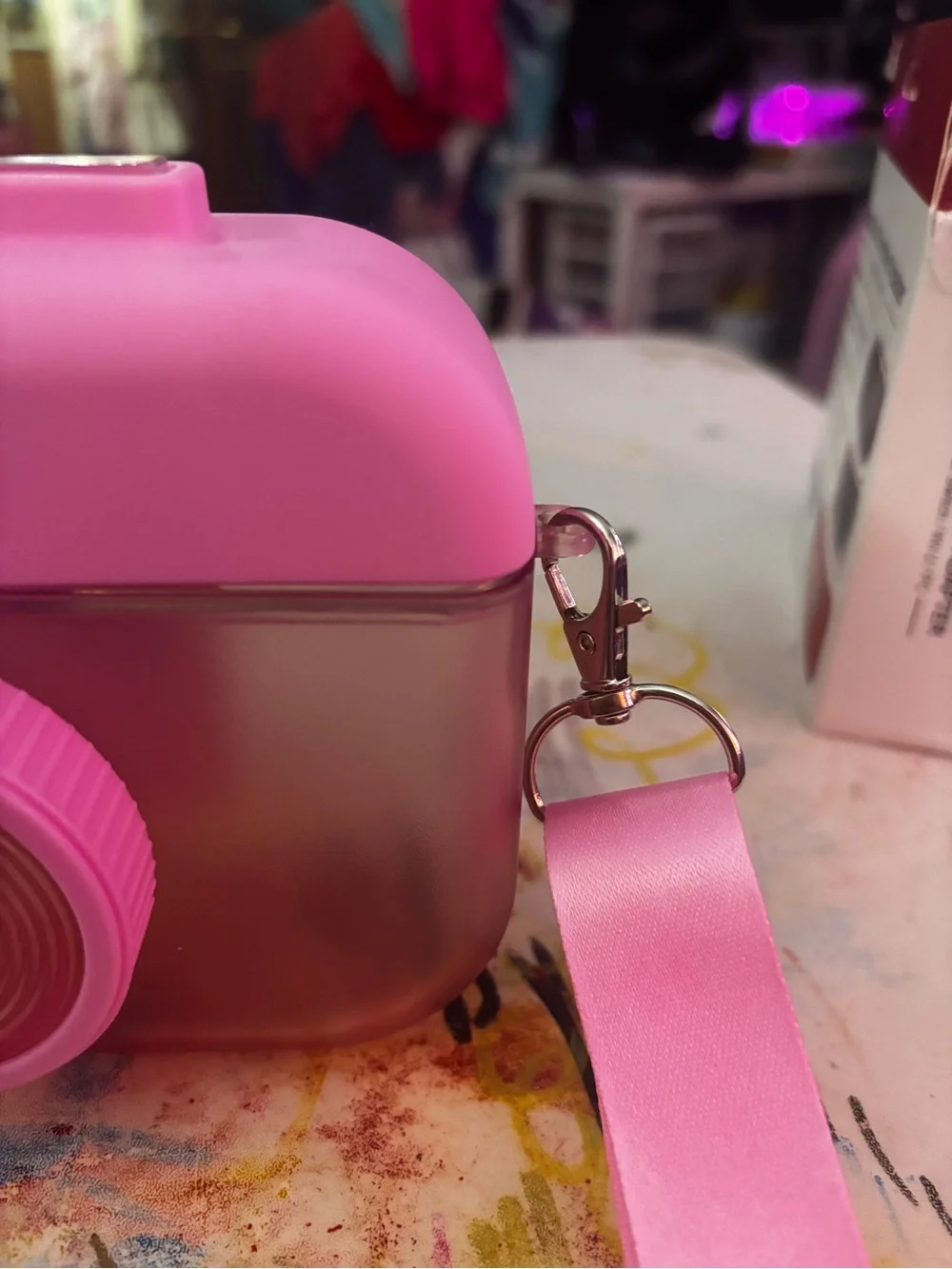 Pink Camera themed water bottle with Strap